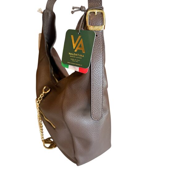 Valentina Pebbled Leather Crescent Hobo Shoulder Bag Gold Chain Detail Brown - Picture 3 of 7